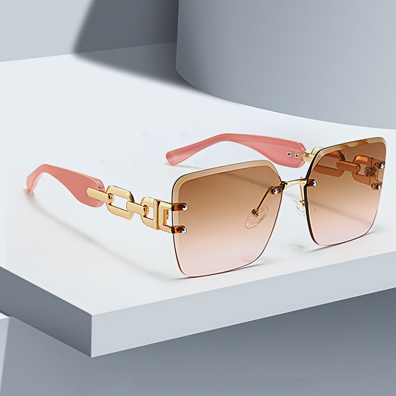 Rimless square sunglasses gold chain-link temples UV400 gradient lenses bold streetwear fashion