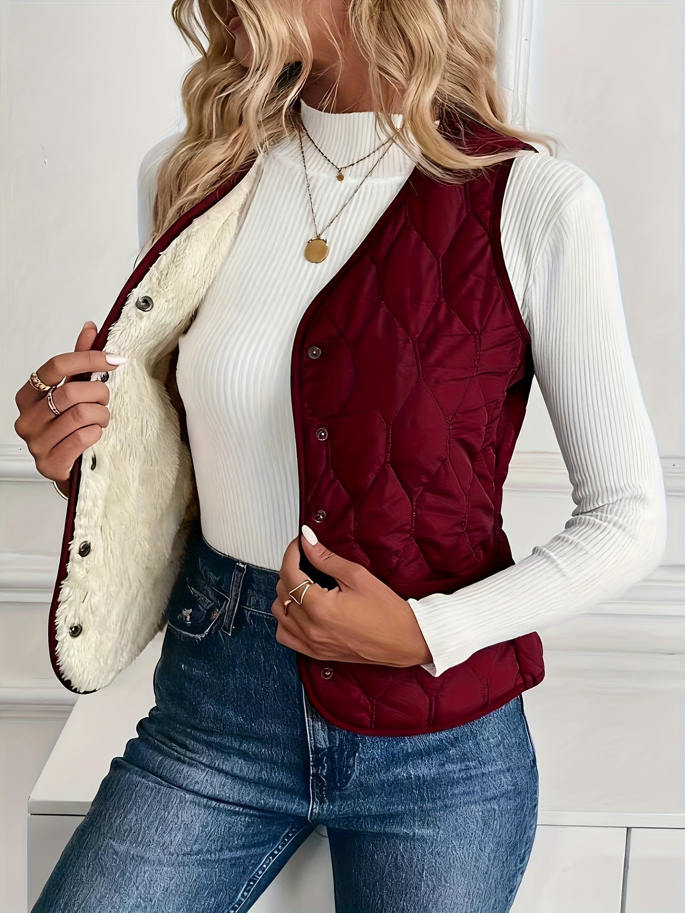 Unisex quilted bomber vest neutral tone lightweight diamond-quilted sherpa-lined sleeveless layering piece