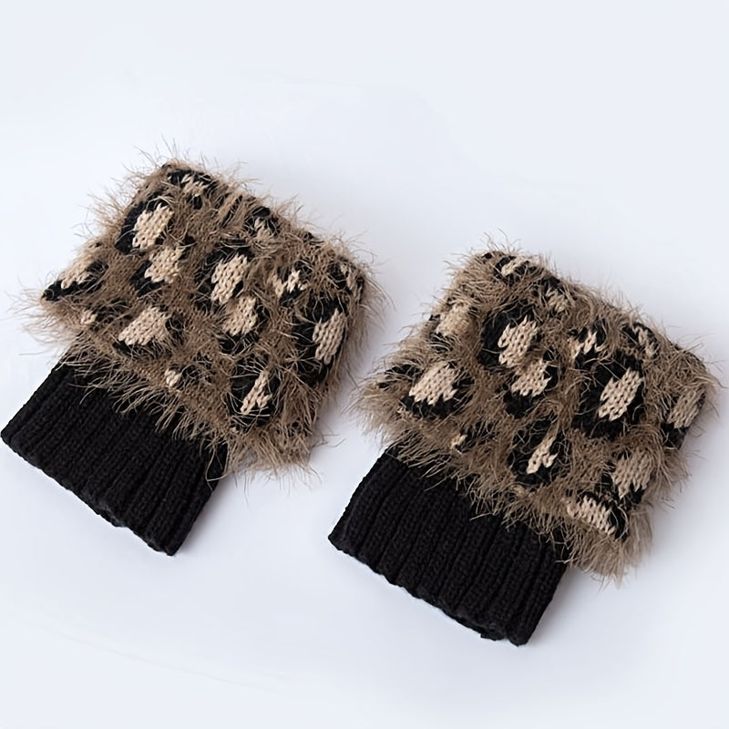 Leopard print faux fur boot cuffs women plush ribbed stretch knit stay-in-place fashion accent