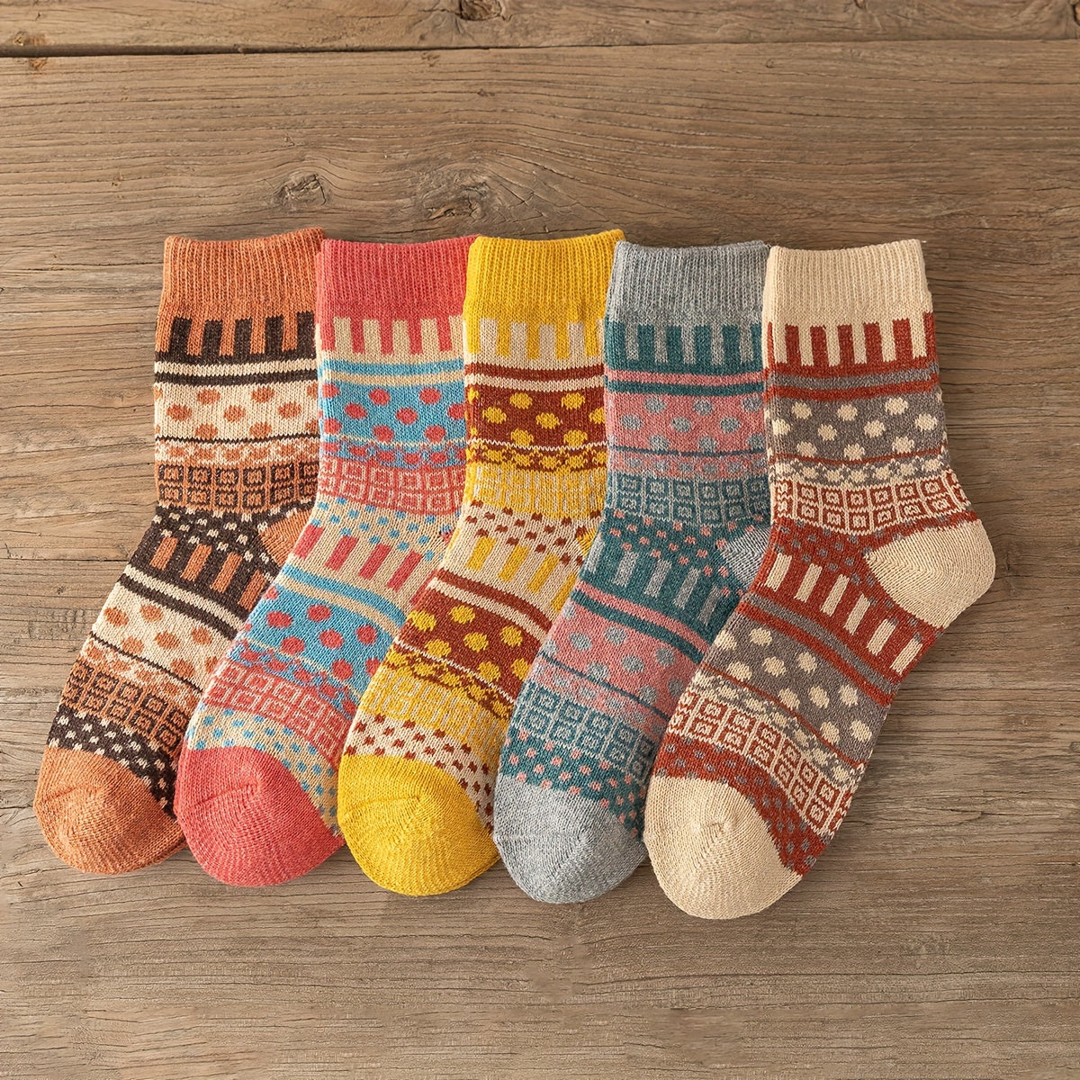 Women's Fair Isle knit socks set 5 pairs cotton blend Nordic motif reinforced heels winter