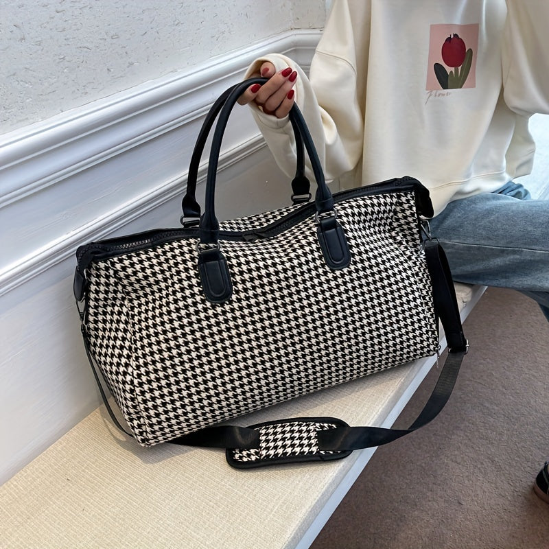 Houndstooth weekender bag with vegan leather trim and reinforced handles, unisex travel duffel