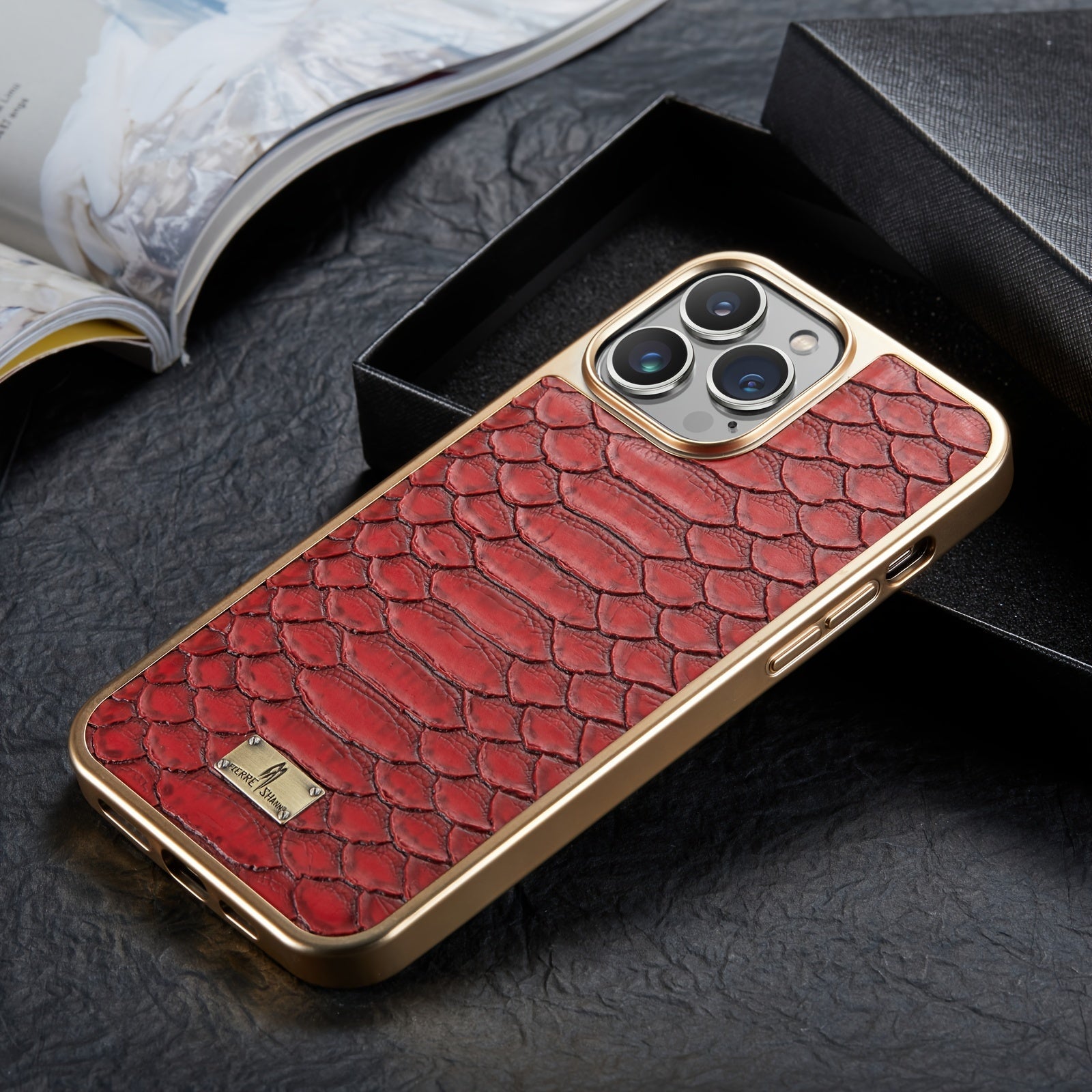 Python textured iPhone case gold alloy frame snake-scale pattern luxury fashion protection