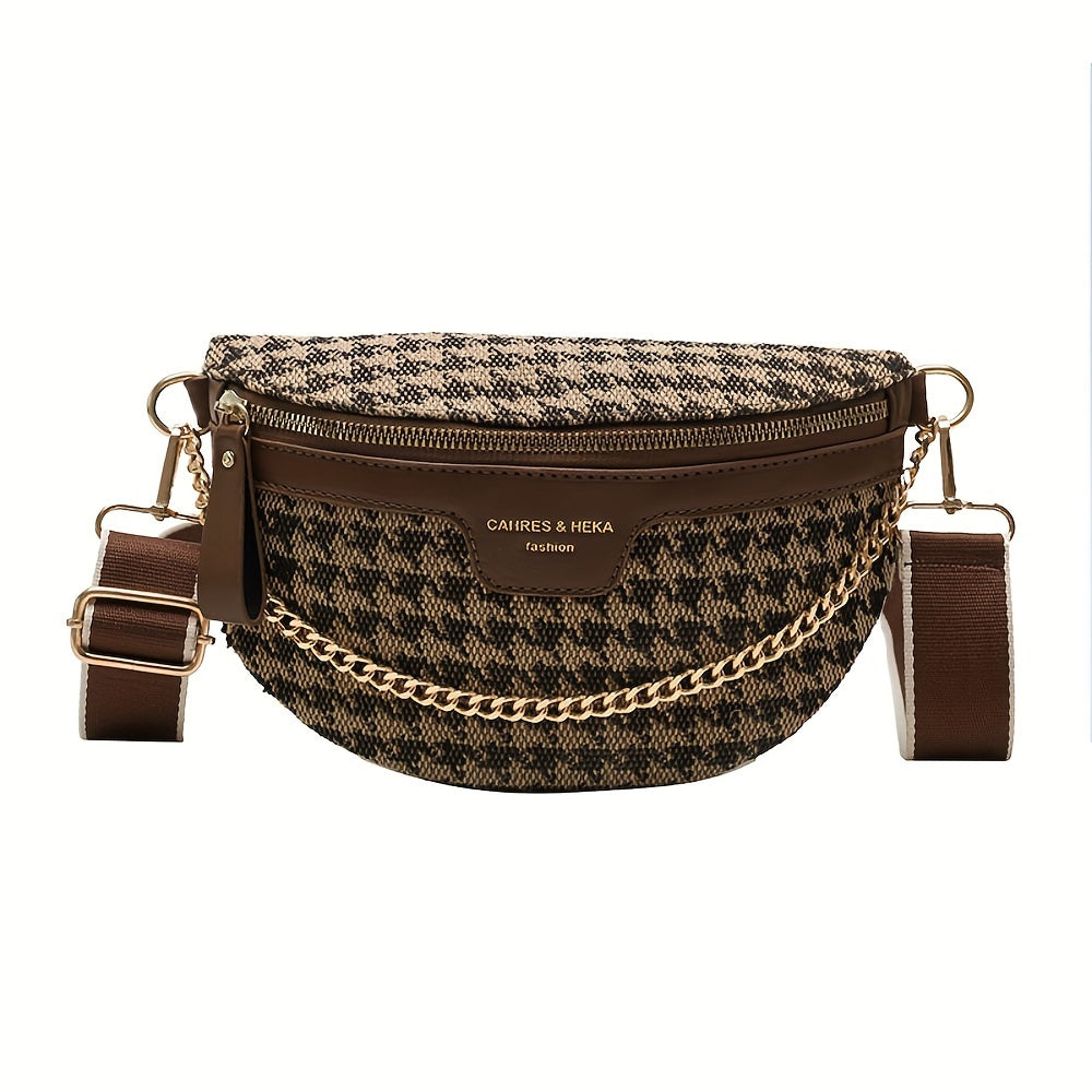 Jacquard leopard houndstooth chain belt bag gold-tone crossbody waist bag trendy women fashion