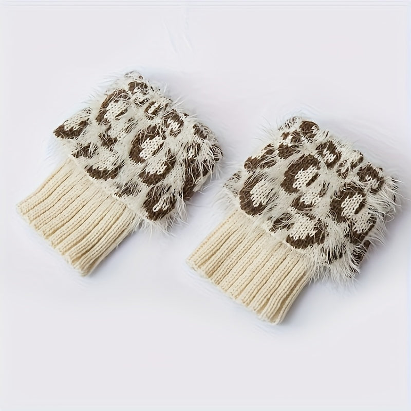 Leopard print faux fur boot cuffs women plush acrylic ribbed stretch knit stay-in-place style