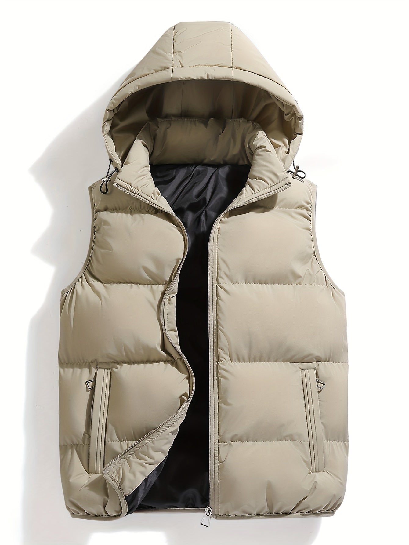Men's black hooded puffer vest lightweight insulated shell with detachable hood for outdoor adventures