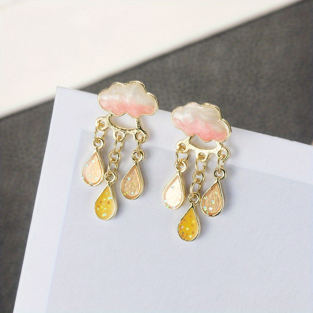 Goldtone dangle earrings with enamel cloud swirls glitter resin raindrop charms lightweight bold jewelry