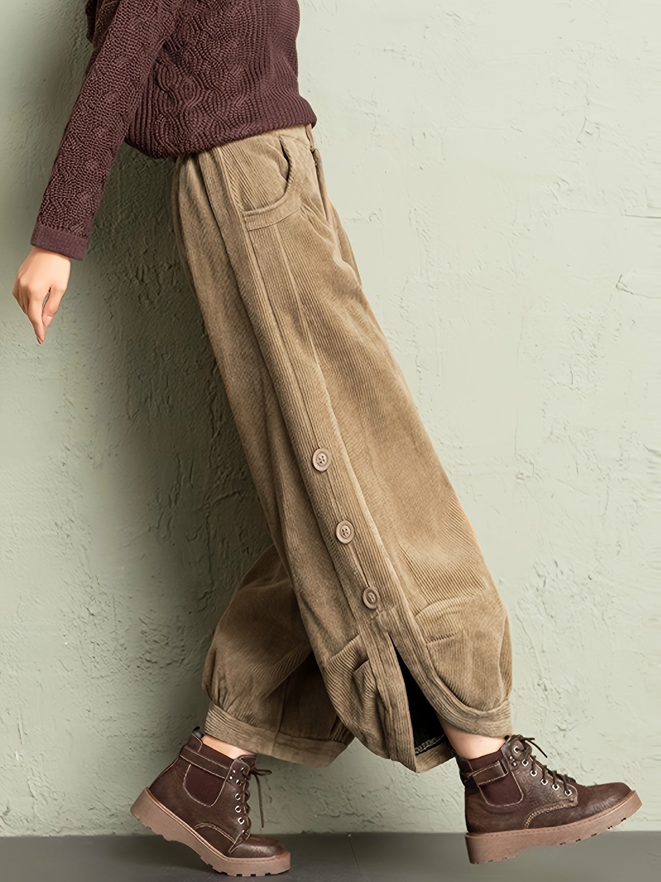 Women's wide-wale corduroy lantern pants in earthy tones, high-rise elastic waist with buttoned ankle pleats