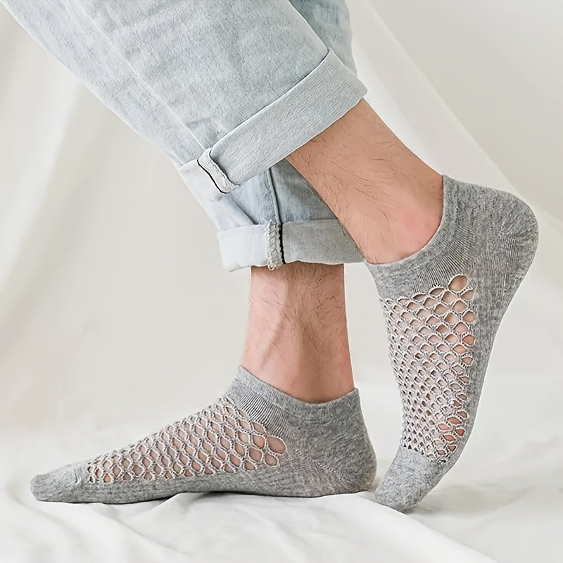 White cotton blend ankle socks set with breathable mesh panels and seamless no-show toe design