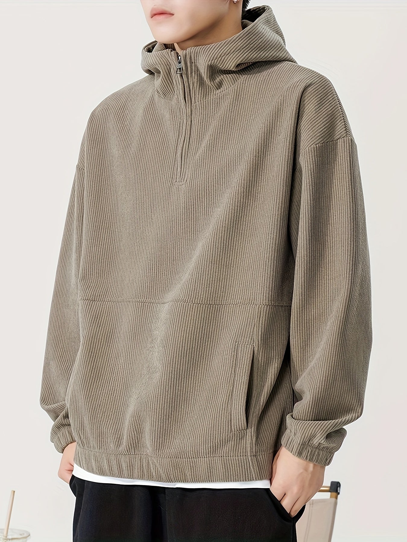 Beige fine-rib corduroy quarter-zip hoodie unisex structured fit with kangaroo pocket