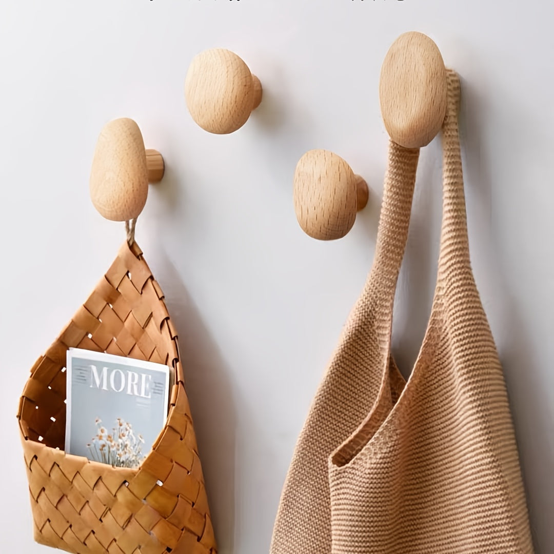 Solid wood wall hook set of 4 pebble-shaped organic design for entryway bathroom coat towel storage
