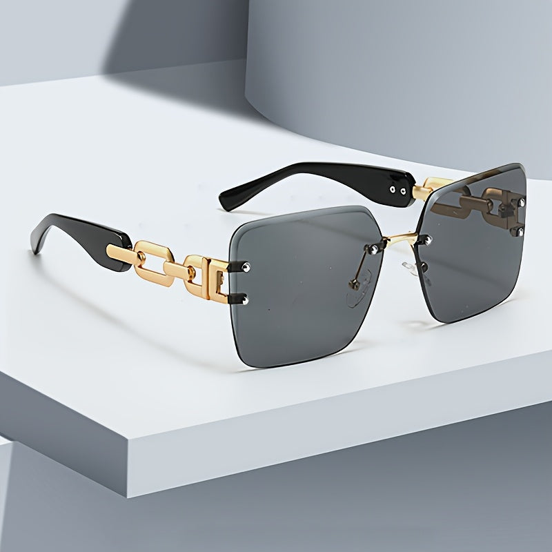 Rimless square sunglasses gold chain-link temples UV400 gradient lenses bold streetwear style