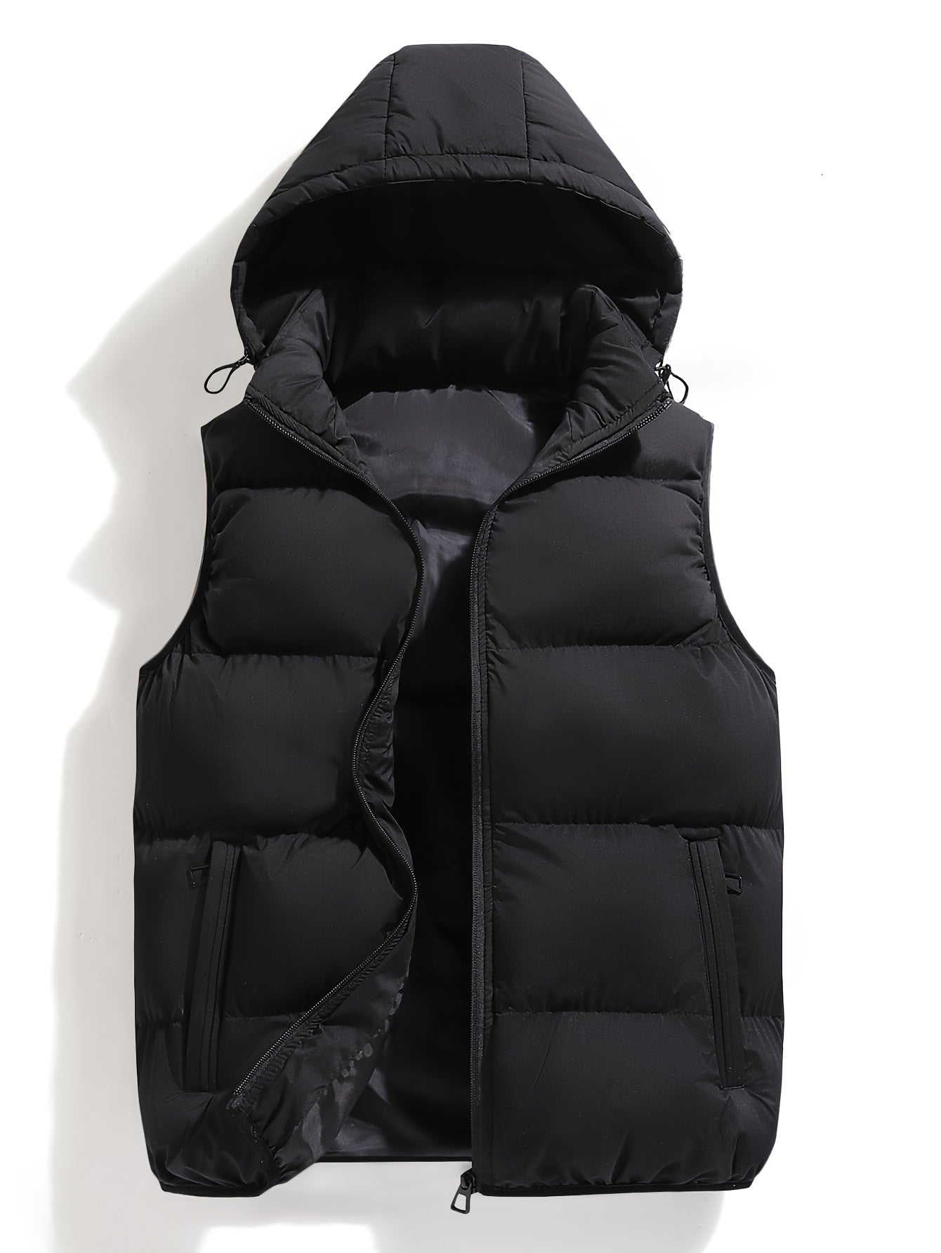 Black hooded puffer vest lightweight insulated weather-resistant shell with detachable hood for outdoor use