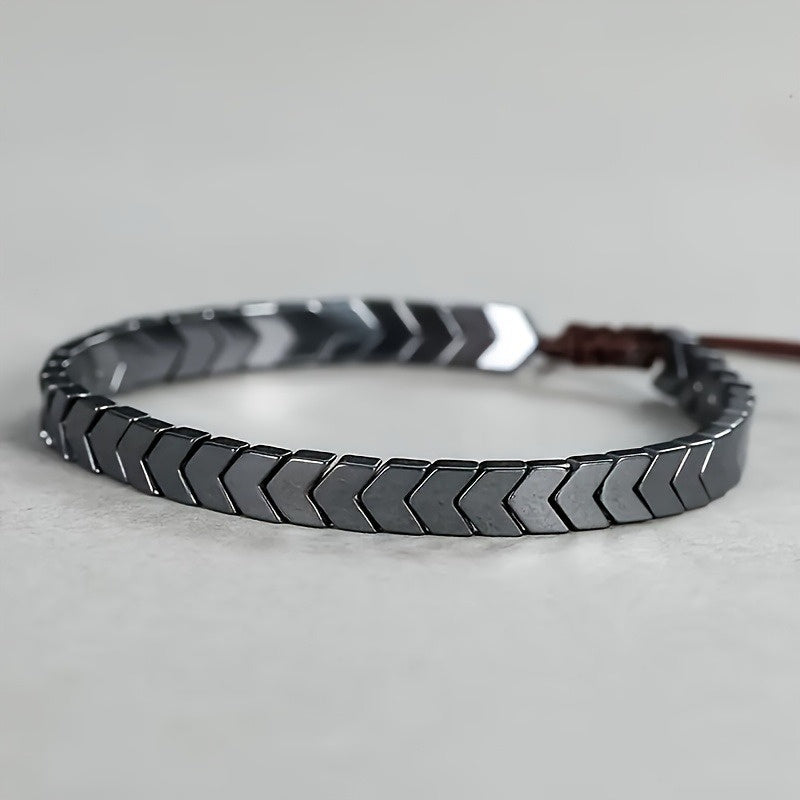 Unisex hematite beaded bracelet chevron design iridescent metallic finish with sliding knot closure