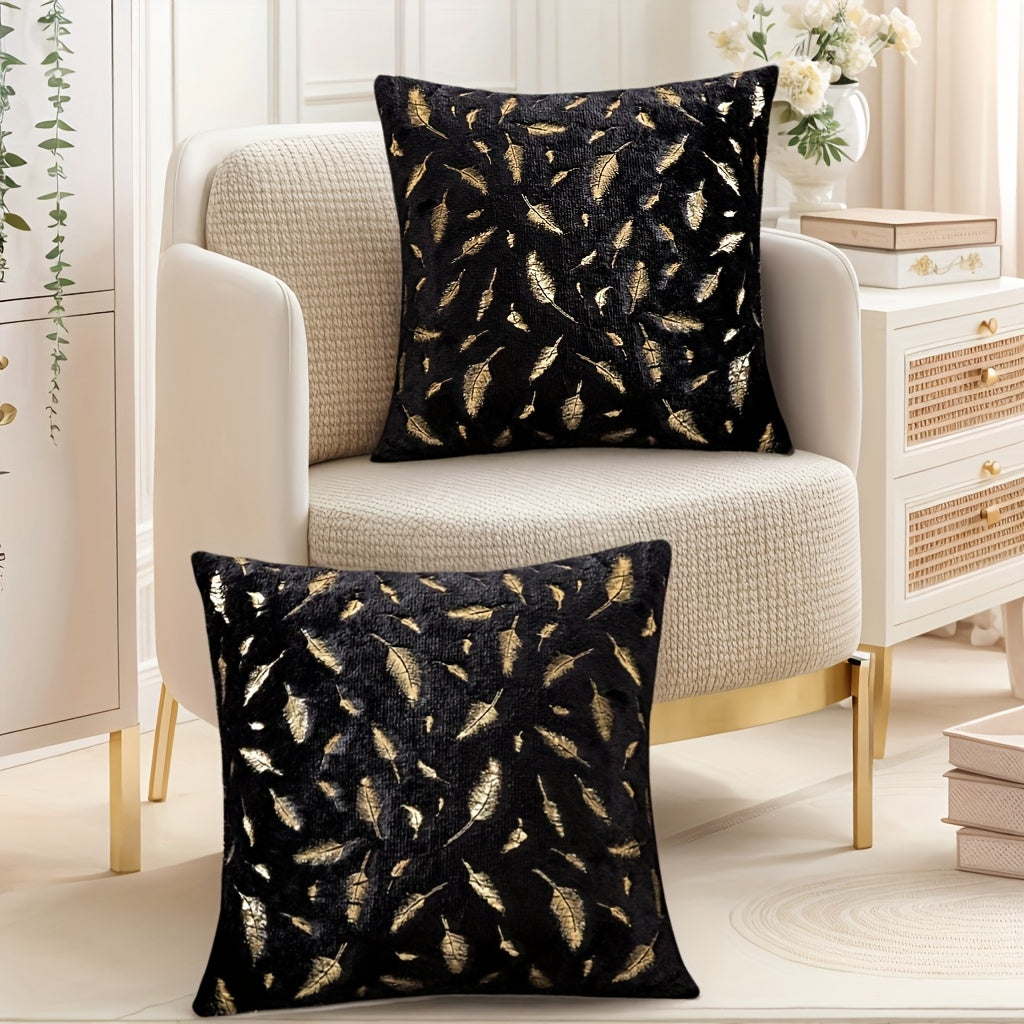 Ultra-soft faux fur throw pillow cover with shimmering metallic gold foil feather accents for luxe decor