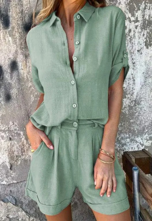 Women's breathable two-piece summer set, relaxed flowy silhouette, wrinkle-resistant travel-ready fabric