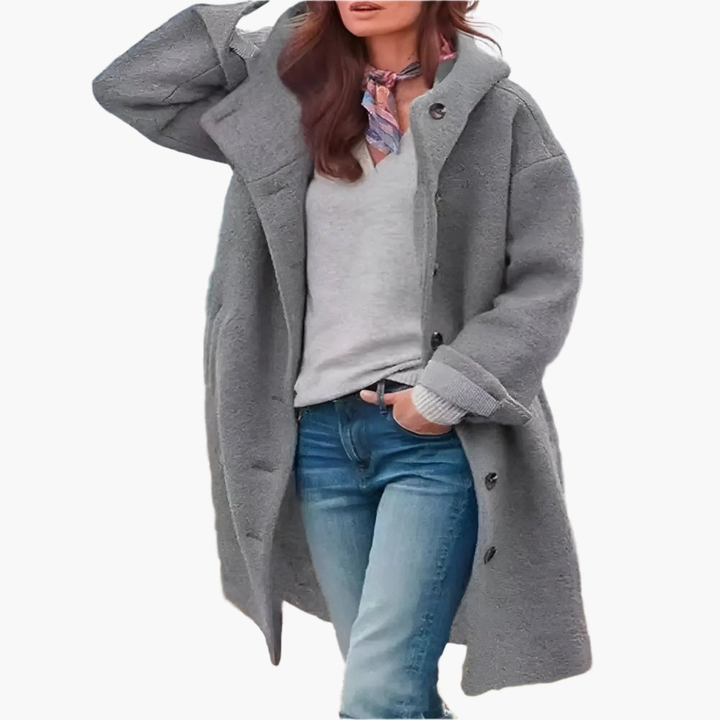 Women's relaxed fit long winter coat in neutral tone, oversized silhouette with timeless cold-weather style