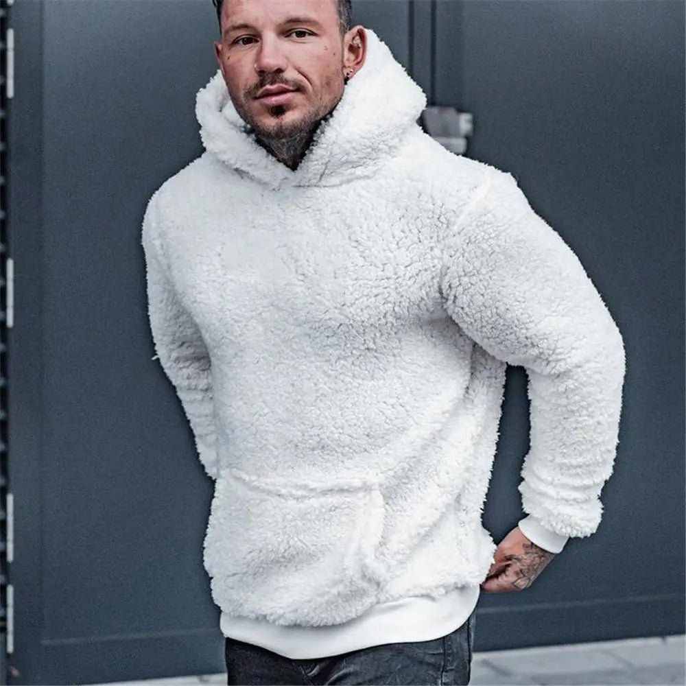 Men's beige teddy fleece hoodie relaxed fit with soft textured fabric and classic drawstring hood