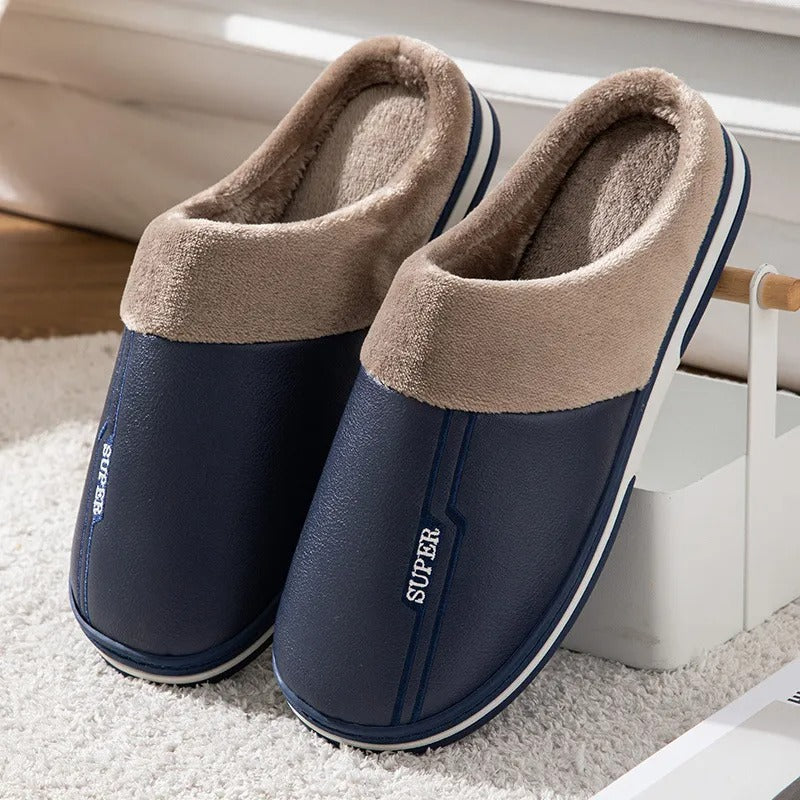 Men's brown PU leather winter slippers thick sole casual slip-on warm cotton lining comfort