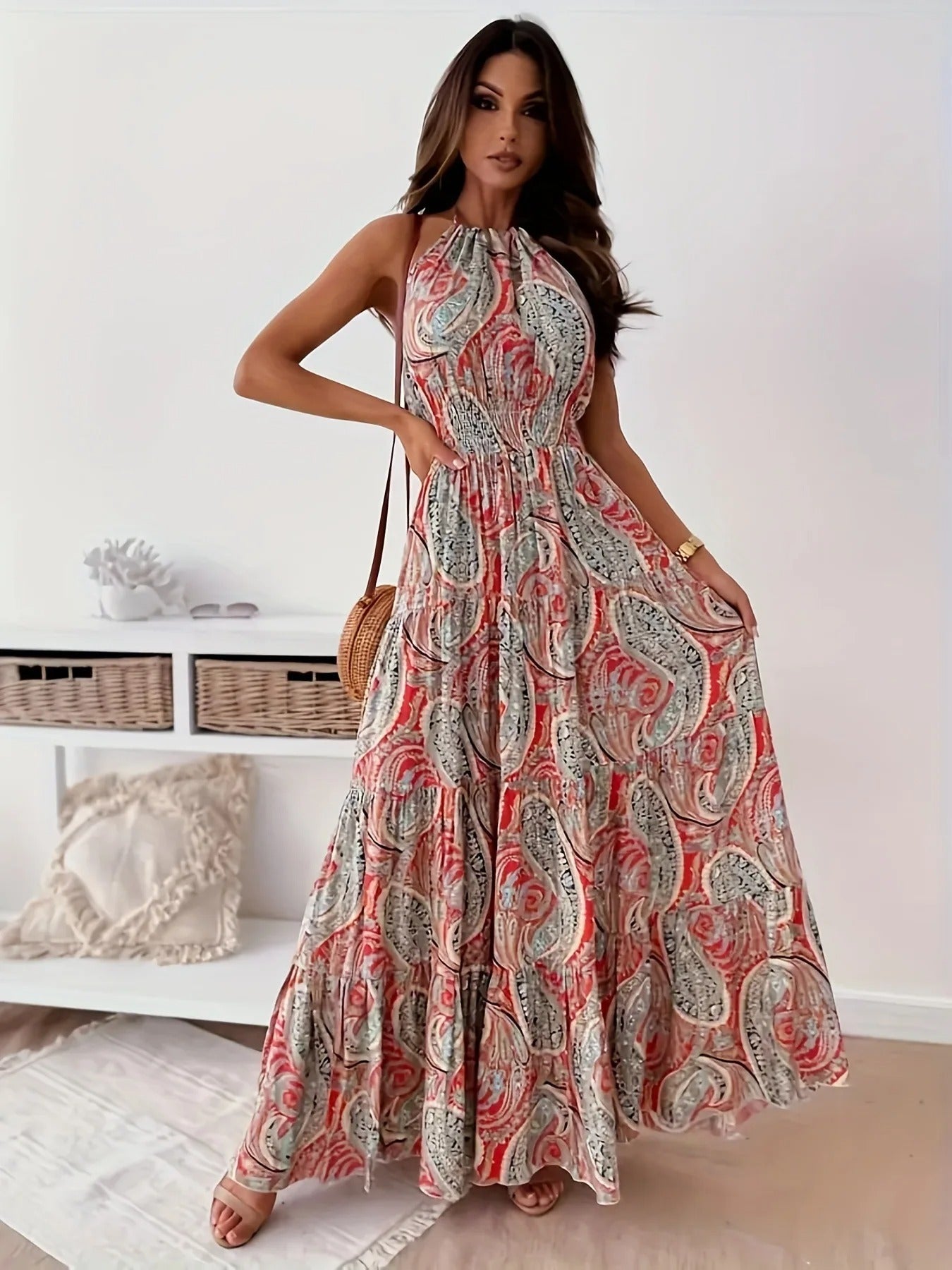 Women's boho paisley halter neck maxi dress flowy A-line silhouette summer vacation style
