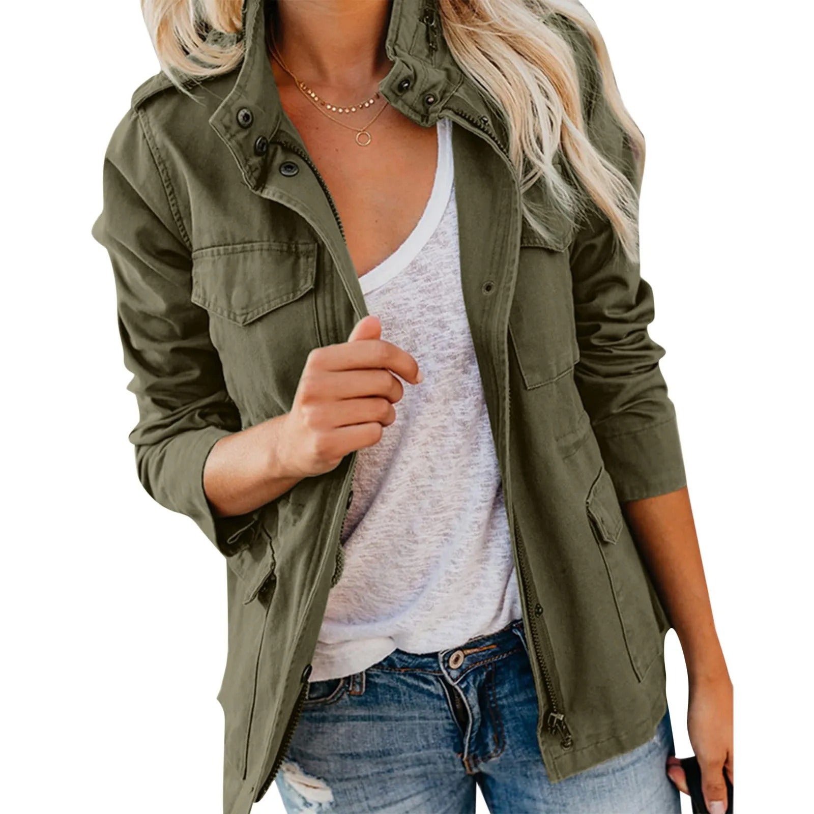 Women's utility jacket with four pockets, lightweight durable fabric, polished silhouette for busy professionals