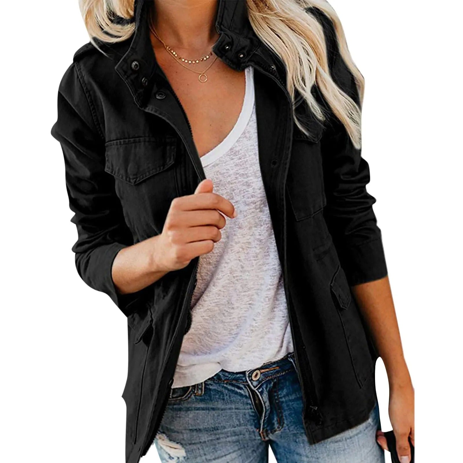 Women's utility jacket four-pocket lightweight design polished silhouette long-sleeve versatile everyday wear