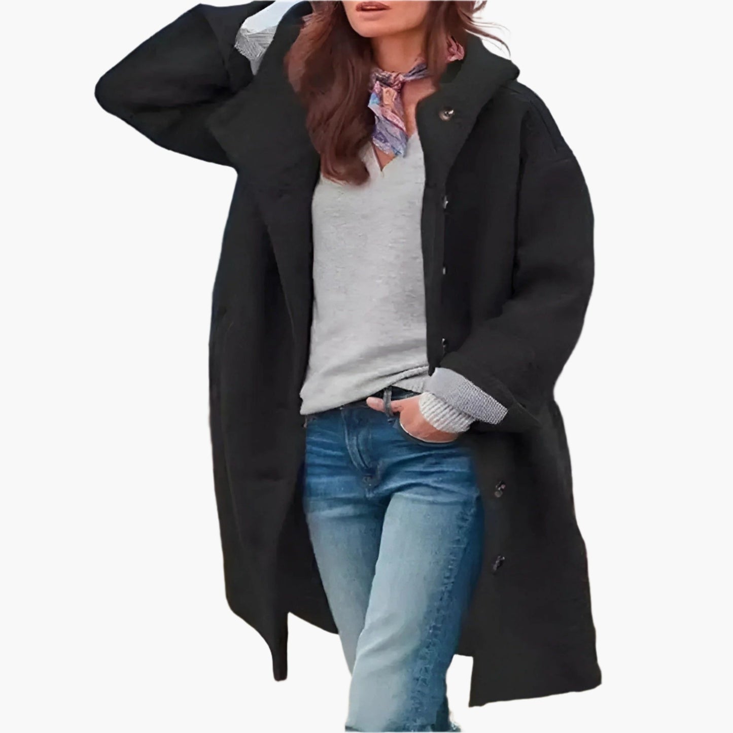 Women's relaxed fit long winter coat in neutral tone, oversized silhouette with effortless everyday style