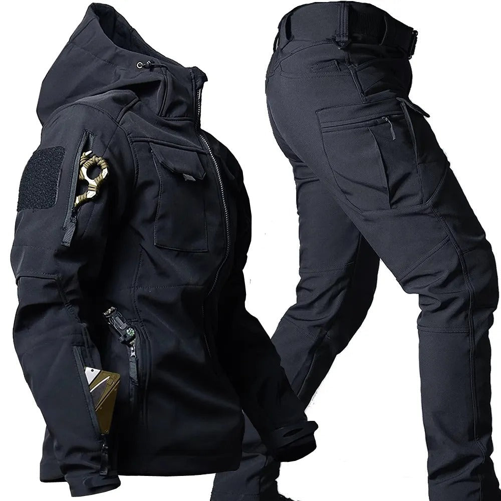 Men's waterproof windproof softshell hiking set, flexible fit outdoor adventure gear in neutral tones