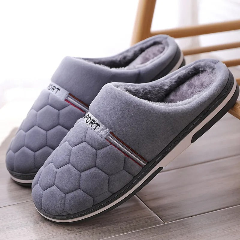 Men's brown PU leather winter slippers thick anti-slip sole warm cotton lining casual loafer style