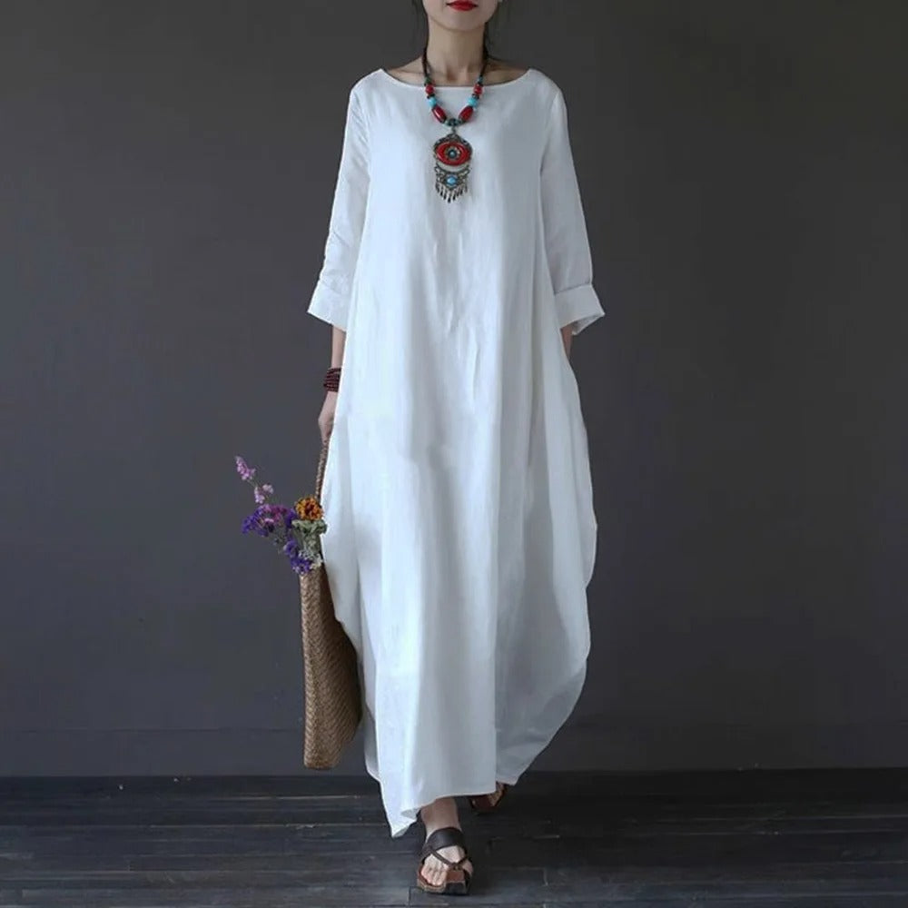 Women's maxi dress breezy relaxed fit long sleeve boat neck breathable cotton-linen blend spring autumn