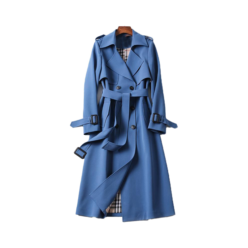 Women's structured cotton-blend trench coat in classic neutral tone with polished tailored fit