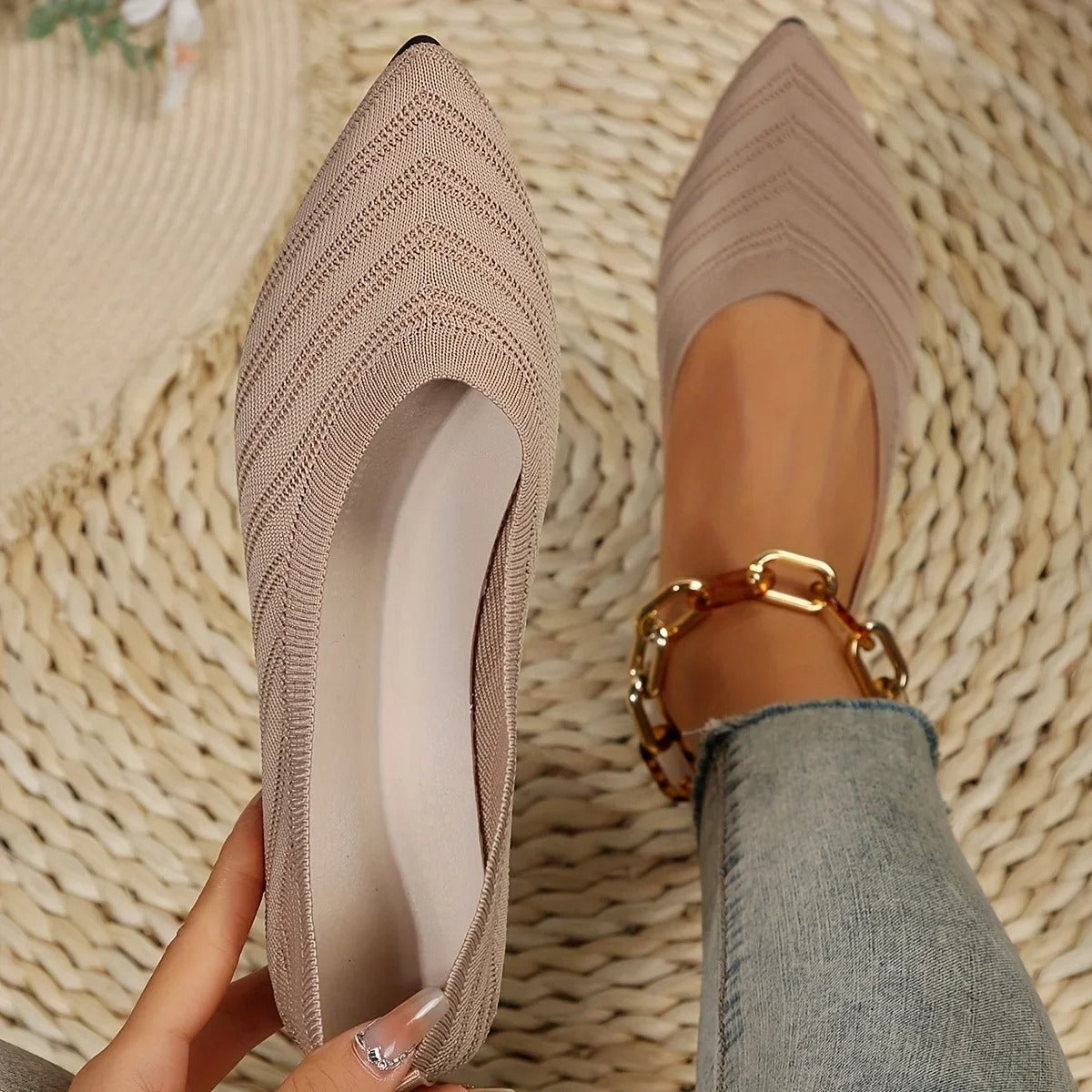Amélie knitted ballet flats pointed toe ankle-length breathable slippers elegant women's footwear