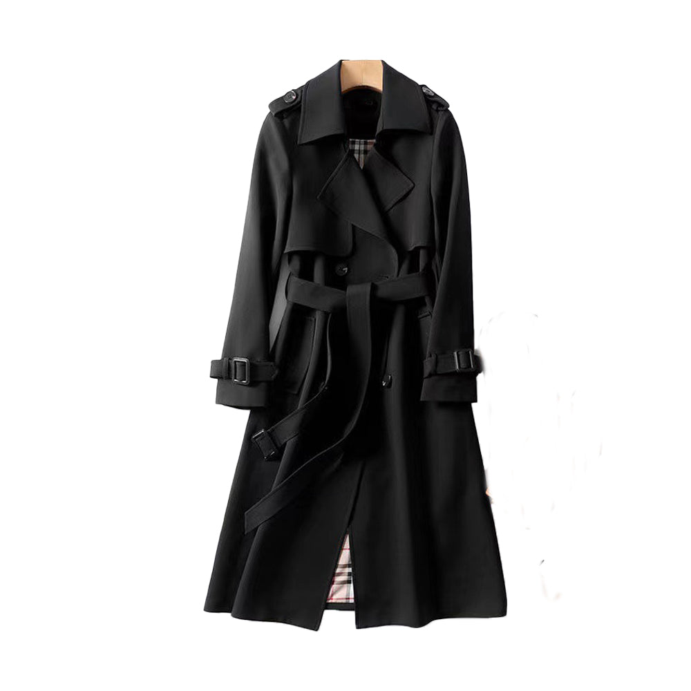 Women's structured cotton-blend trench coat in classic neutral tones with polished tailored fit