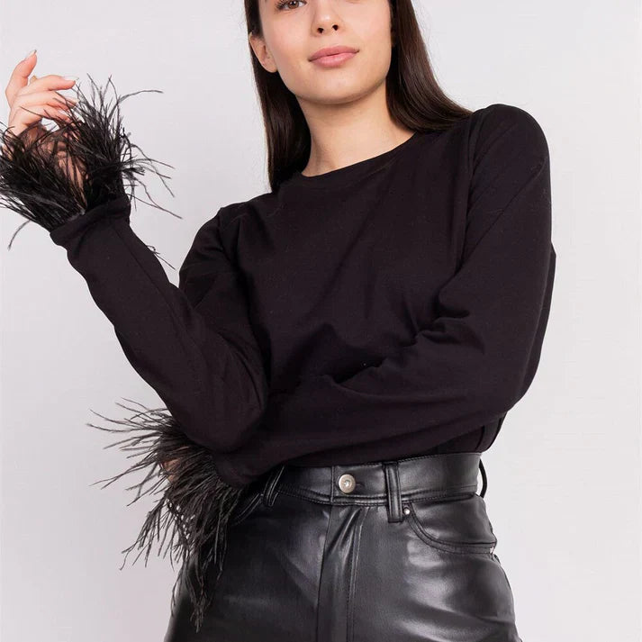 Elegant long sleeve blouse with feather trim accents, classic silhouette for bold glamorous evenings