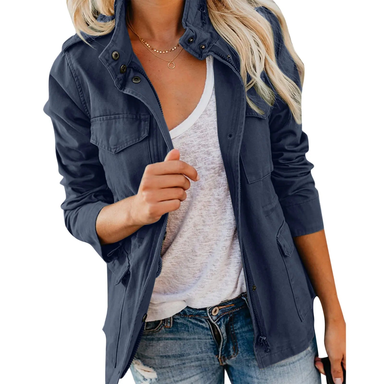 Women's utility jacket with four pockets, lightweight durable fabric, polished silhouette for busy professionals