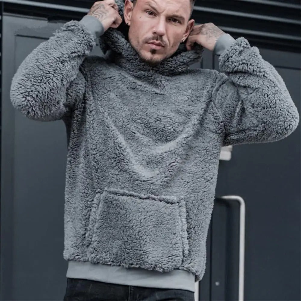 Men's beige teddy fleece hoodie relaxed fit with spacious hood soft cozy classic style