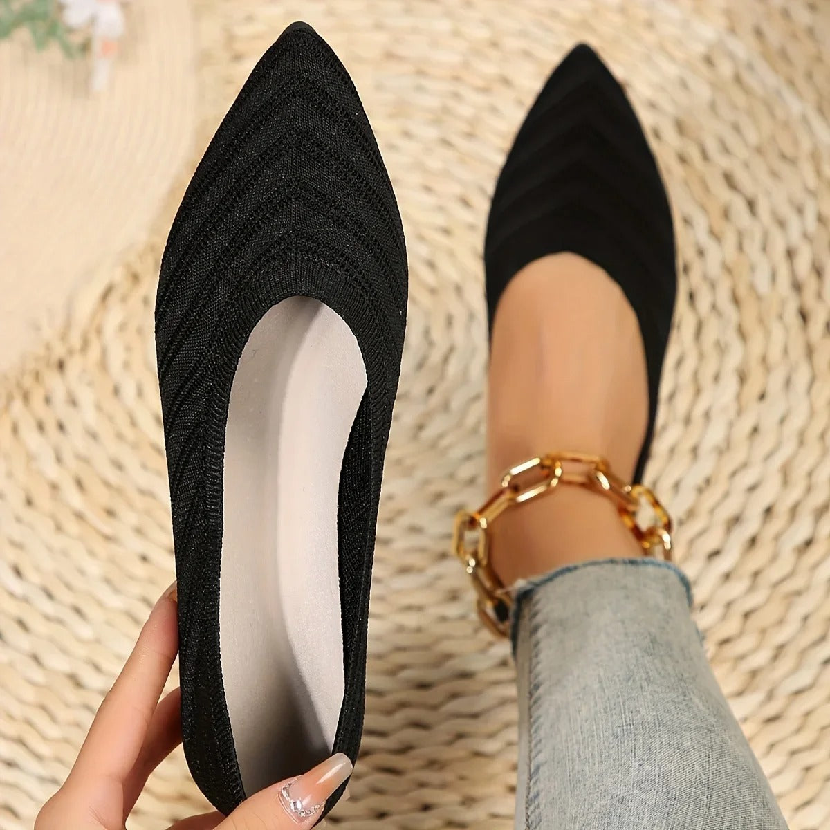 Amélie pointed toe knitted ballet flats ankle-length breathable slip-on dance slippers for women