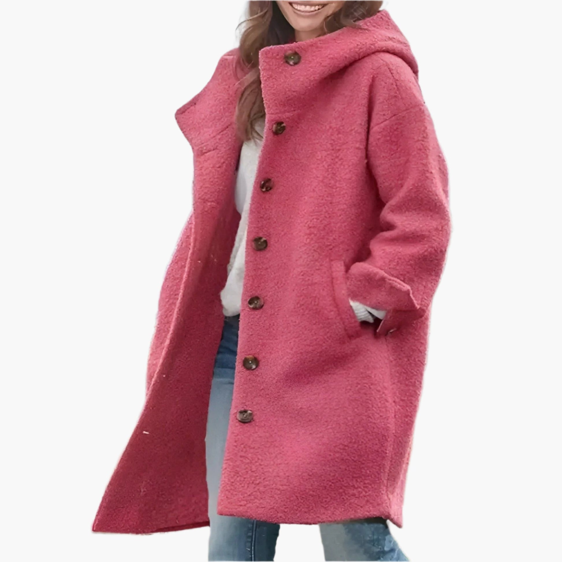Women's relaxed fit long winter coat in neutral tone, oversized silhouette with effortless everyday style