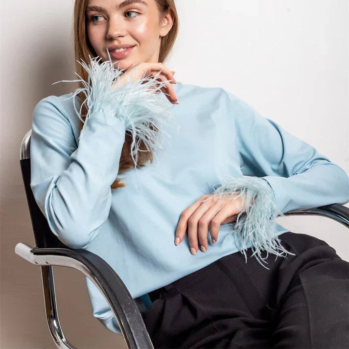 Elegant long sleeve blouse with feather trim accents, classic silhouette for glamorous evening occasions