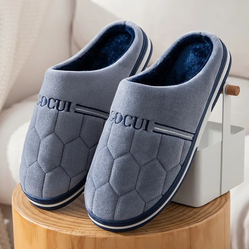 Men's brown PU leather winter slippers thick anti-slip soles warm cotton lining casual home footwear