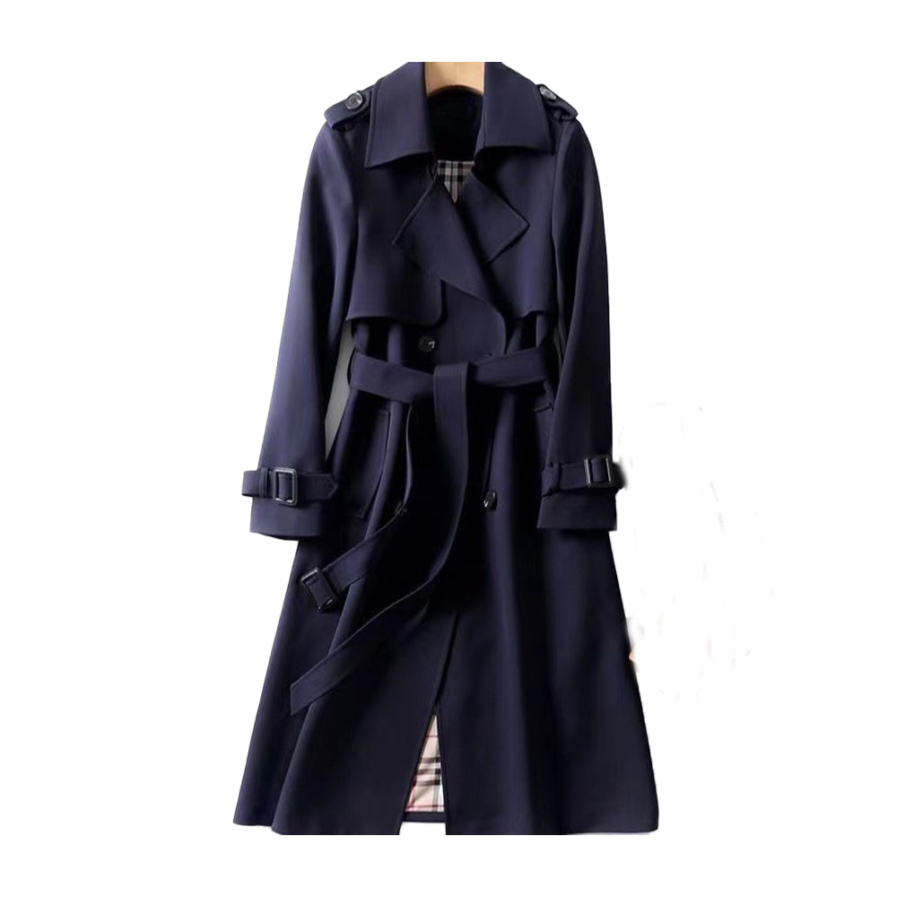 Women's structured cotton-blend trench coat in classic neutral tone with polished tailored fit