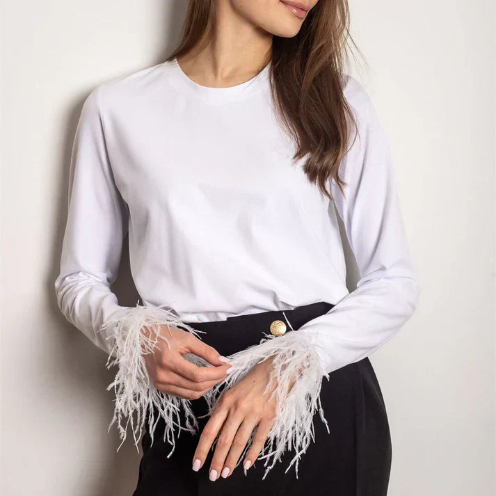 Elegant long sleeve blouse with feather trim accents, classic silhouette for glamorous evening occasions