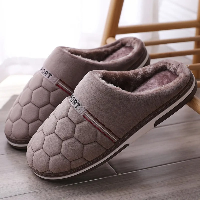 Men's brown PU leather winter slippers thick sole casual warm indoor footwear refined style