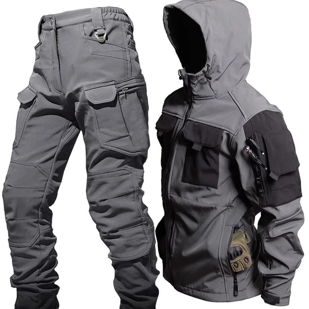 Men's waterproof windproof softshell hiking set in neutral tones with flexible fit and multi-pocket design