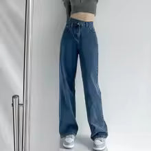 Women's high waist straight leg blue denim jeans with natural waistband for elongating silhouette