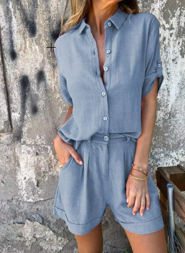 Women's two-piece summer set relaxed flowy silhouette wrinkle-resistant breathable travel outfit