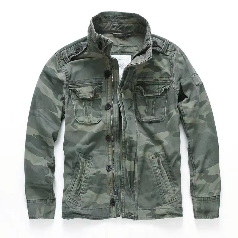 Men's M65 retro denim cargo jacket rugged military-style field coat with multiple utility pockets