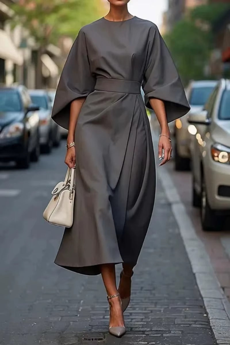 Navy crew neck midi work dress structured silhouette tailored fit for professional women