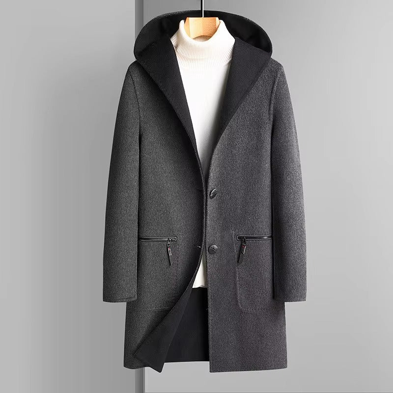 Men's reversible wool blend hooded trench coat two-tone dual-texture design for modern urban style