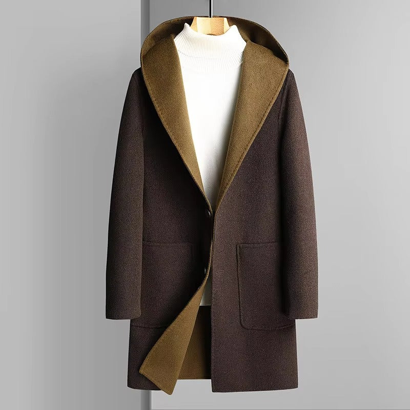 Men's reversible wool blend hooded trench coat two-tone modern urban style outerwear