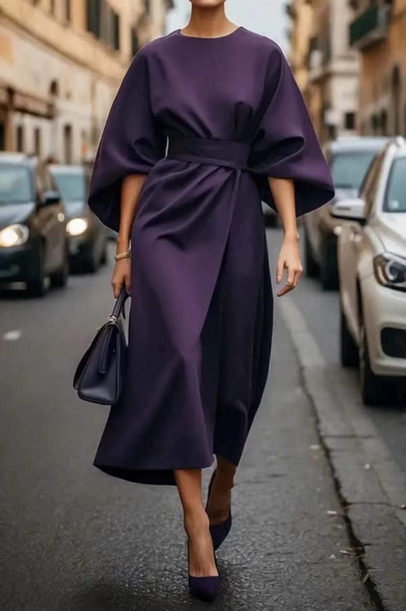 Crew neck midi work dress in classic cut with structured tailoring for a polished professional silhouette